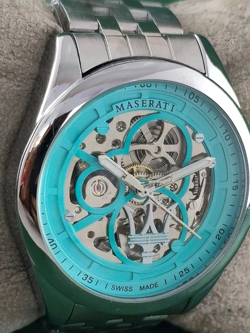 Maserati Skeleton Dial Stainless Steel Watch - Turquoise Accents Refurbished